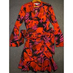 VERONICA BEARD Lorina Mini Dress SZ 6 Red Floral poppy LONG SLEEVE Tie-Front 595